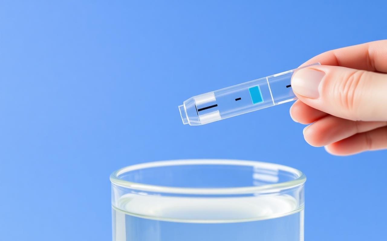 Hand holding a water test strip above a beaker of water